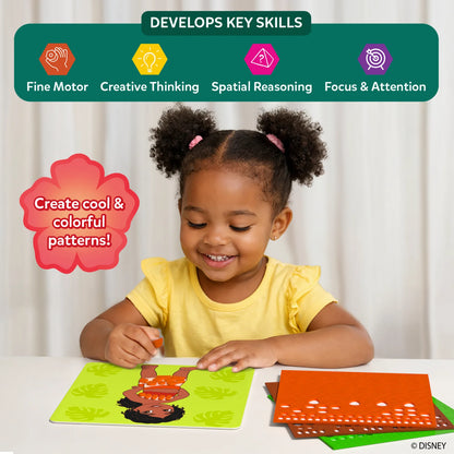 Smiling girl in a yellow top pressing orange foam stickers onto a green young Moana picture board, beside stacked orange, brown and green sticker sheets. A flower badge reads Create cool and colorful patterns; a banner lists Fine Motor, Creative Thinking, Spatial Reasoning, Focus and Attention.