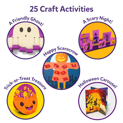 Five finished paper crafts under the heading 25 Craft Activities: A Friendly Ghost with rolled purple strips, A Scary Night pop-up scene with a scarecrow, cat, witch and haunted house, a Happy Scarecrow with folded patches, a Trick-or-Treat Treasure pumpkin candy bowl and a Halloween Carousel.