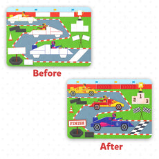 Colorful cars on a race track puzzle in Tangram Twist Off We Go No Mess Sticker Art for ages 4-7