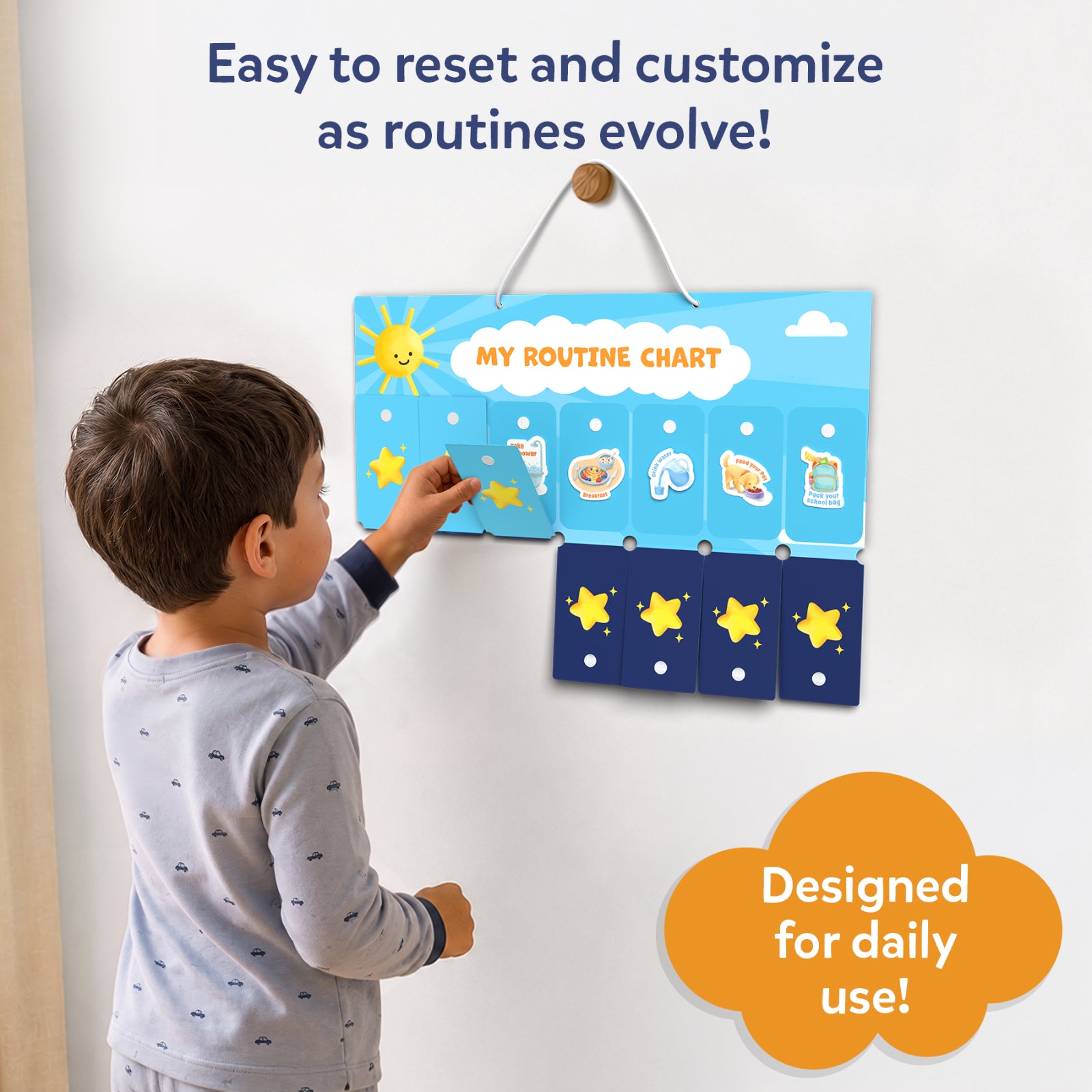 A child customizes the Skillmatics My Daily Routine Chart by placing magnetic task pieces onto the reusable day-and-night magnetic board. The image highlights how routines can be easily reset, rearranged, and personalized, making the chart durable and ideal for everyday habit building.