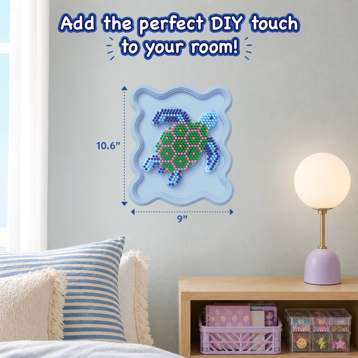 Completed Skillmatics Stixels Sea Turtle wall decor displayed above a bedside table in a child’s room. The framed 3D artwork measures 10.6 inches by 9 inches and is shown alongside a lamp, storage bins, and bedding, demonstrating how the finished project enhances room décor.