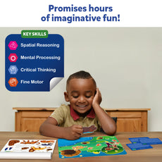 Smiling child playing with Sticker Stories Animals Adventures puzzle for ages 3 to 7