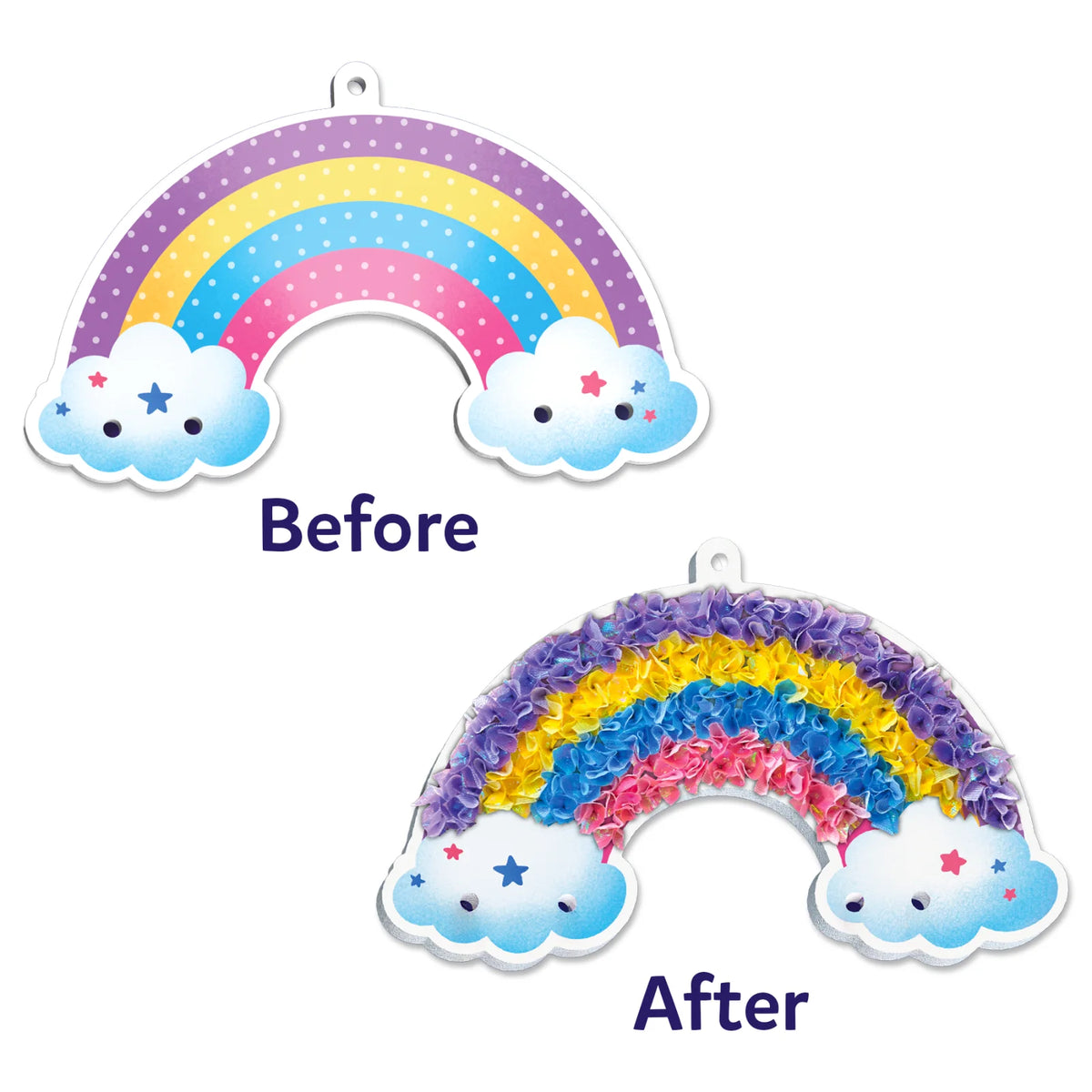 Rainbow craft before and after displaying Poke-in Art Magical Unicorn Dream Decor for Kids