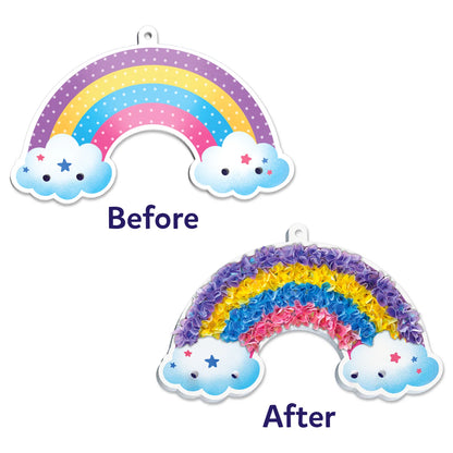 Rainbow craft before and after displaying Poke-in Art Magical Unicorn Dream Decor for Kids