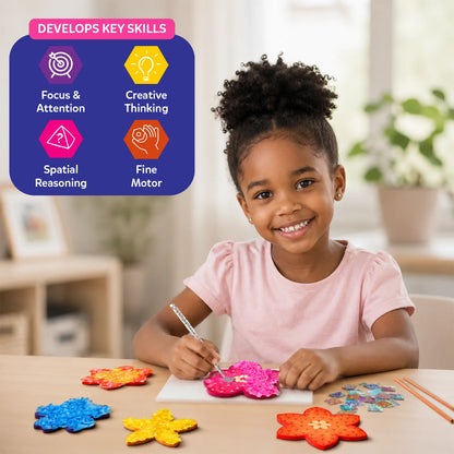 Smiling child creating flower art with Poke-in Art Flower Bouquet for kids ages 4-9