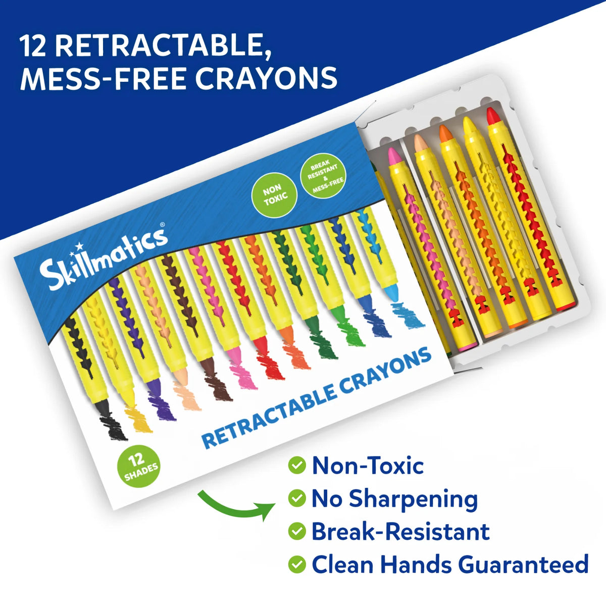 Close-up of Skillmatics retractable crayons featuring a pack of 12 vibrant shades with an open storage tray displaying the crayons. The image highlights non-toxic materials, break-resistant construction, mess-free coloring, no sharpening required and clean hands after use.