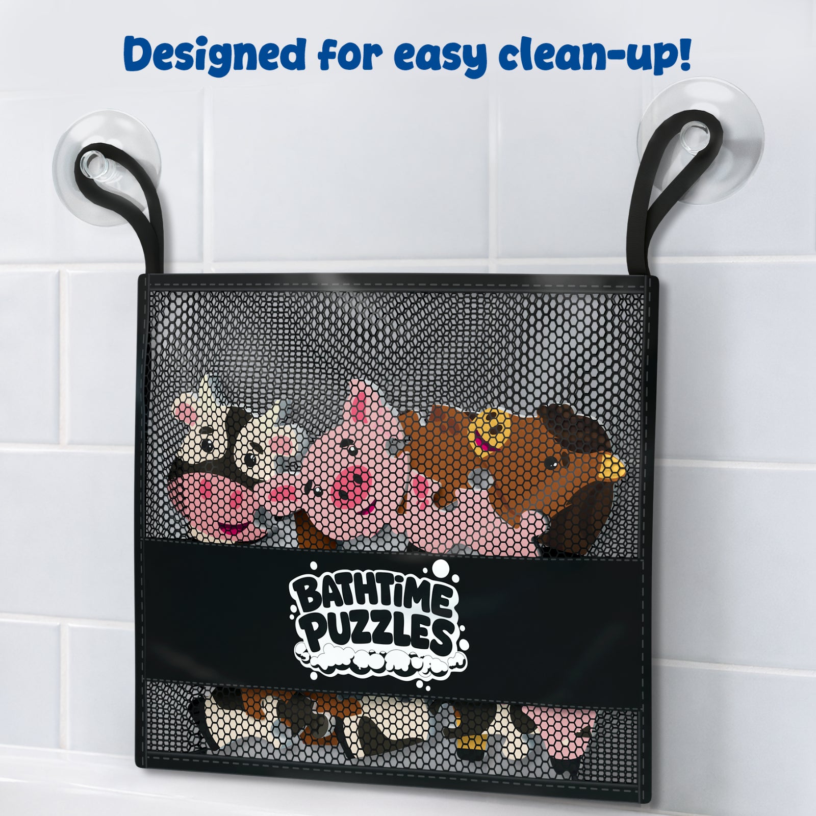 A black mesh storage bag labeled 