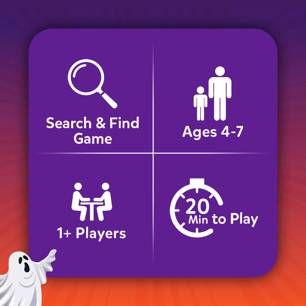 Purple-bordered Found It Halloween Edition game box outlining game type, age range, players, and play time