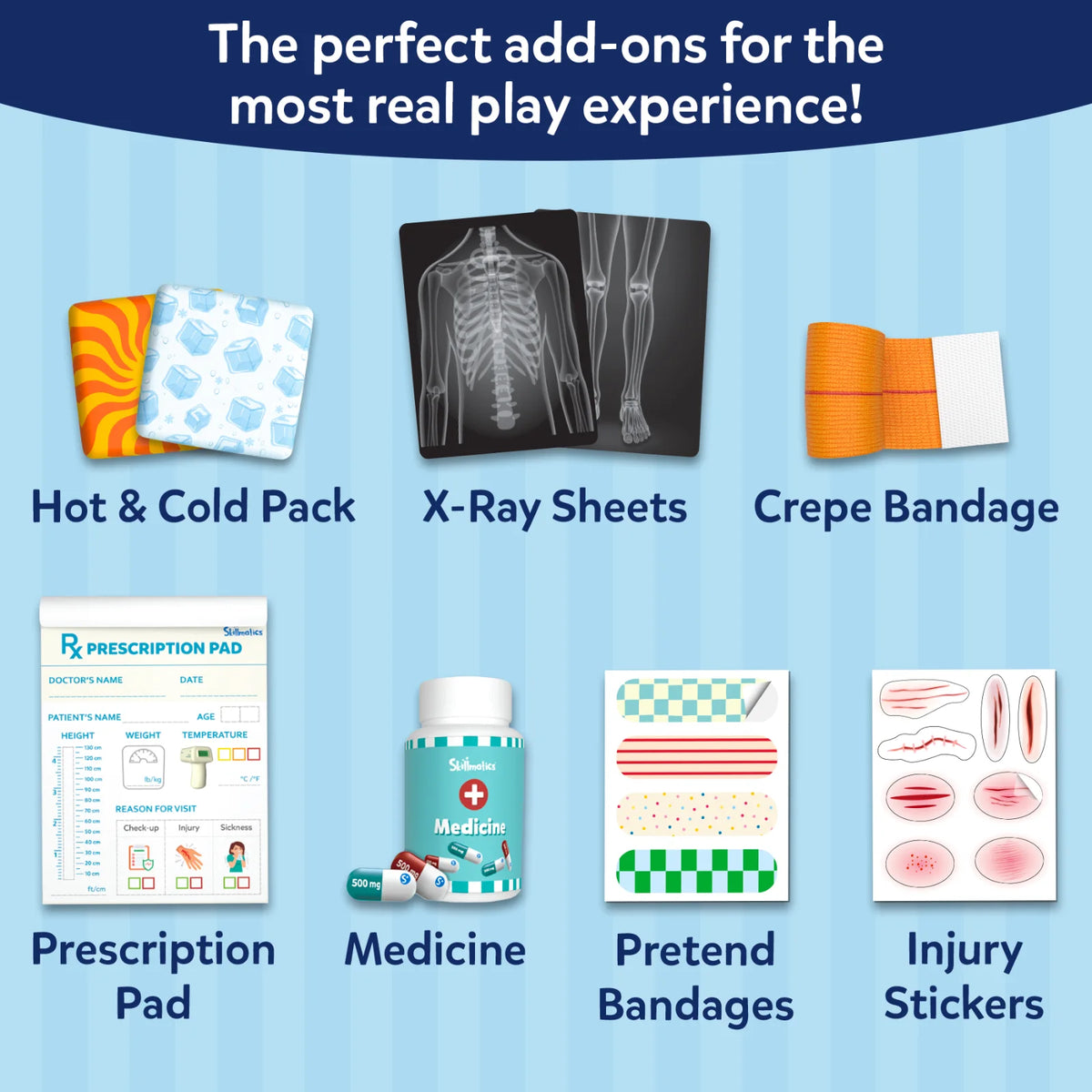 Product overview of additional Skillmatics Doctor Set accessories arranged on a blue background. Included items feature hot and cold packs, X-ray sheets, crepe bandage, prescription pad, medicine bottle with pretend pills, colorful pretend bandages, and injury stickers designed for immersive doctor role-play.
