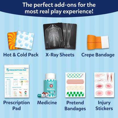 Product overview of additional Skillmatics Doctor Set accessories arranged on a blue background. Included items feature hot and cold packs, X-ray sheets, crepe bandage, prescription pad, medicine bottle with pretend pills, colorful pretend bandages, and injury stickers designed for immersive doctor role-play.