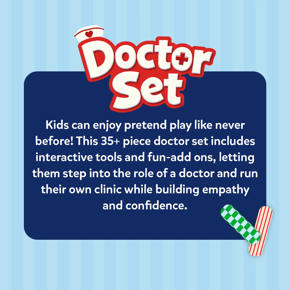 Skillmatics Doctor Set promotional graphic featuring the product logo and a description of the 35+ piece pretend doctor kit. The design highlights interactive medical tools, role-play clinic activities, and confidence-building play, with decorative bandage illustrations on a blue striped background.