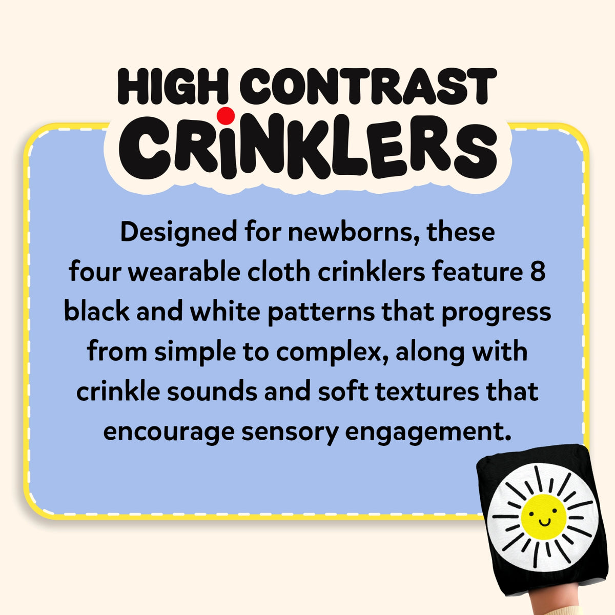 Skillmatics High Contrast Crinklers panel with title and newborn sensory development focus. Shows benefits: cognitive abilities, visual development, focus & attention, visual tracking & eye coordination, auditory development. 