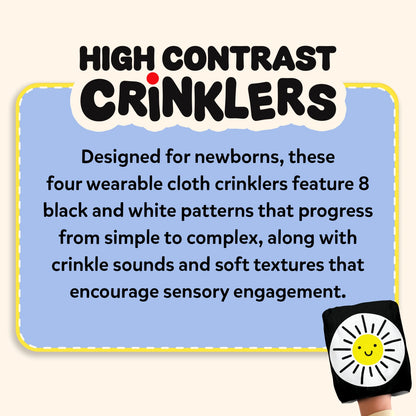 Skillmatics High Contrast Crinklers panel with title and newborn sensory development focus. Shows benefits: cognitive abilities, visual development, focus & attention, visual tracking & eye coordination, auditory development. 
