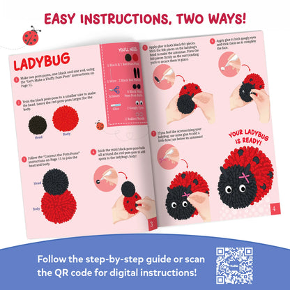 Skillmatics PomPals instruction booklet demonstrates how to make a red-and-black pom-pom ladybug using yarn, felt pieces, googly eyes and glue. Illustrated steps show joining the pom-poms, attaching antennae and spots, and adding a pink bow. A QR code links to digital instructions.