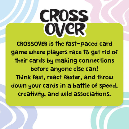 Skillmatics Cross Over information graphic featuring the game logo and description on a bright green panel. Text explains the fast-paced card game where players race to make connections and discard cards first. The design emphasizes quick thinking, creativity, speed, and spontaneous associations.