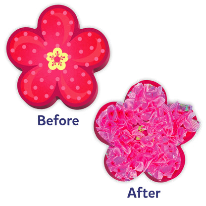 Red flower craft before and after using Poke-in Art Flower Bouquet for kids ages 4-9