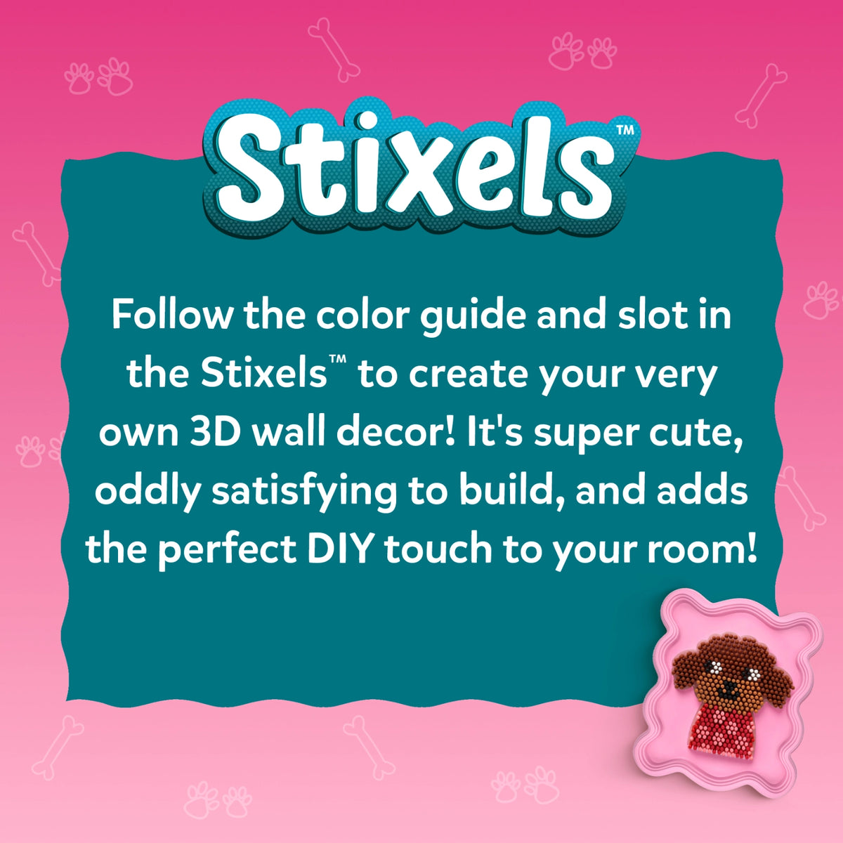 Branding panel for Skillmatics Stixels featuring a bold ‘Stixels’ logo on a pink background with a teal text box explaining: follow the color guide, slot Stixels to create a 3D wall décor that is cute and satisfying, with a small finished puppy example shown at bottom right.