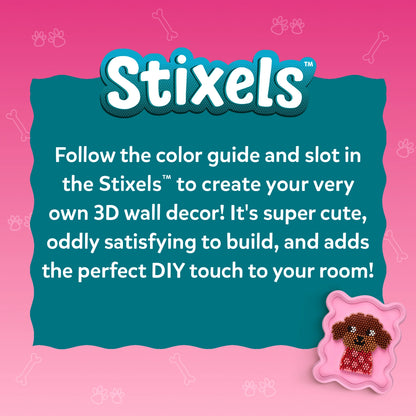Branding panel for Skillmatics Stixels featuring a bold ‘Stixels’ logo on a pink background with a teal text box explaining: follow the color guide, slot Stixels to create a 3D wall décor that is cute and satisfying, with a small finished puppy example shown at bottom right.