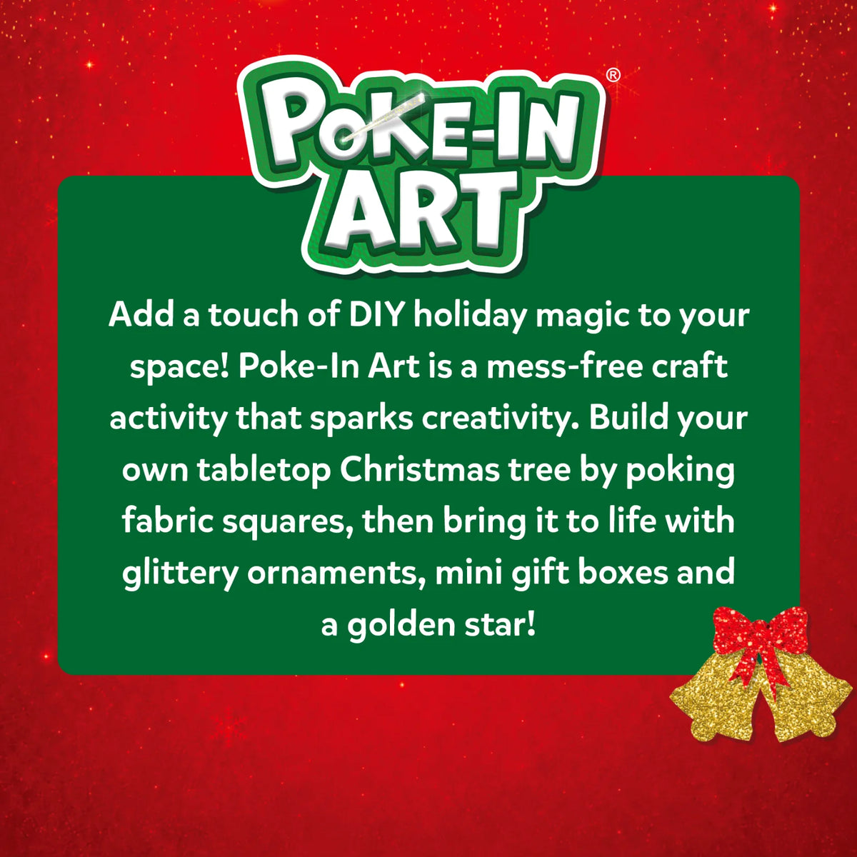  Skillmatics Poke-In Art graphic on a red festive background with the logo and a green text panel describing the mess-free craft. The panel explains building a tabletop Christmas tree by poking fabric squares and decorating it with glitter ornaments, mini gift boxes and a golden star.