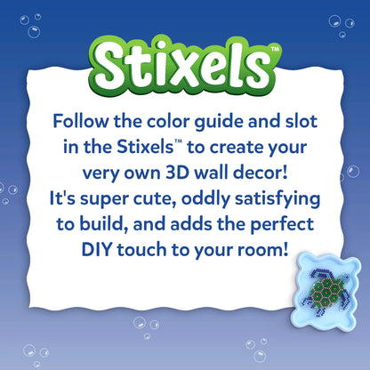 Informational graphic for Skillmatics Stixels featuring product details and a completed Sea Turtle design. The image explains that children can follow the color guide and slot in colorful Stixels to create a 3D wall decor project that is engaging to build and display in their room.
