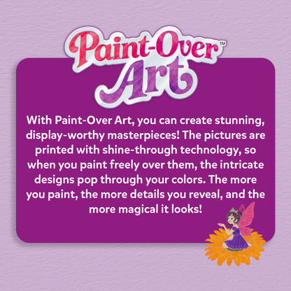 Paint-Over Art instruction panel showing three step process: pick a picture with outline sheet, shade and paint using brush-tip markers, and watch the magic as colours reveal detailed fairy and floral artwork. Includes child colouring example, marker set, and vibrant finished illustration preview.