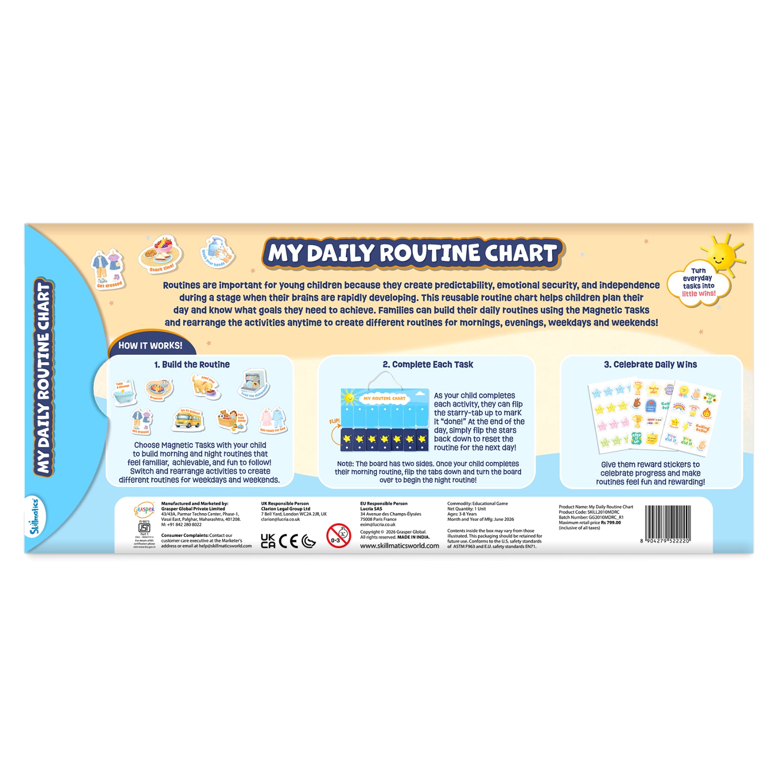 Back packaging of the Skillmatics My Daily Routine Chart featuring product information, instructions for building routines, completing tasks, and rewarding progress with stickers. The layout also includes illustrations, safety information, manufacturer details, certifications, barcode, and product specifications.