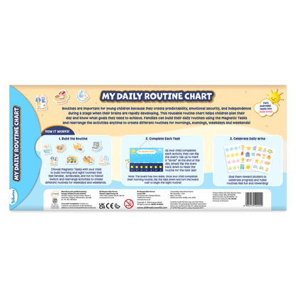Back packaging of the Skillmatics My Daily Routine Chart featuring product information, instructions for building routines, completing tasks, and rewarding progress with stickers. The layout also includes illustrations, safety information, manufacturer details, certifications, barcode, and product specifications.