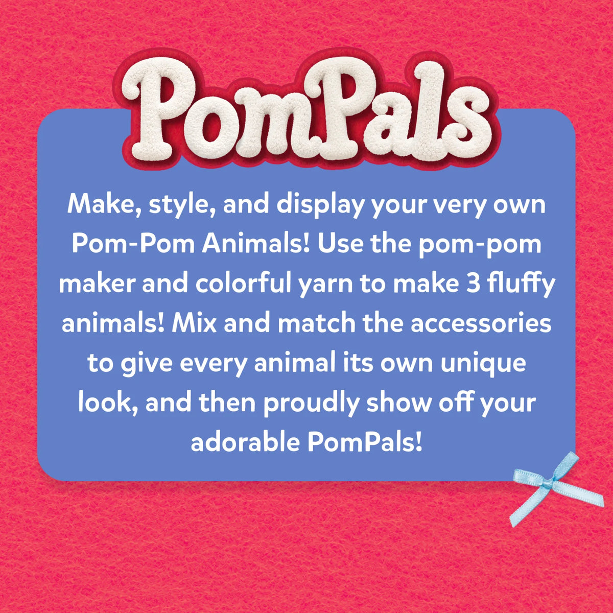 Skillmatics PomPals craft kit introduction featuring a textured red background, plush PomPals logo and blue information panel. White text explains how to make and style three yarn animals using a pom-pom maker and accessories, with a blue ribbon embellishment at the bottom right.