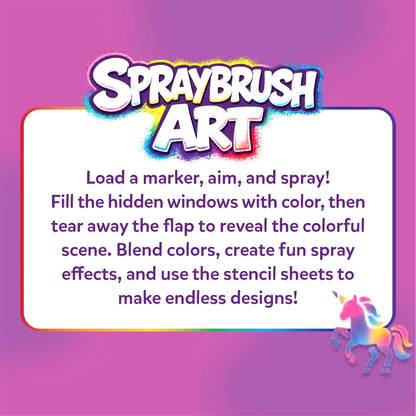 A purple Spraybrush Art graphic explains how to load a marker, aim and spray through hidden cutouts, then lift the flap to reveal a colorful scene. It promotes blending colors, spray effects and stencil designs, with a rainbow-bordered white panel and a glittery rainbow unicorn at bottom right.