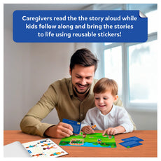 Man and child playing with educational materials at a table, with text about caregivers reading stories and children using reusable stickers.