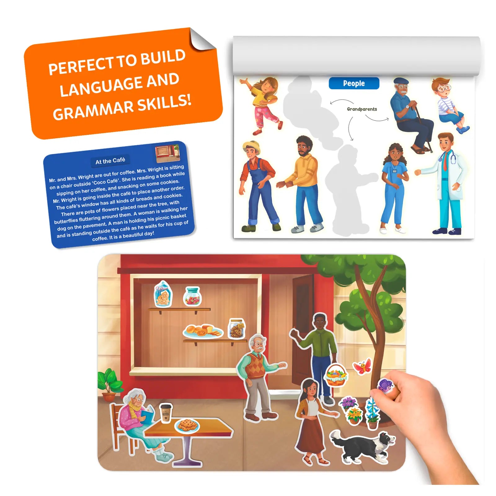 Educational children's book with illustrations and text, featuring a hand interacting with the content.