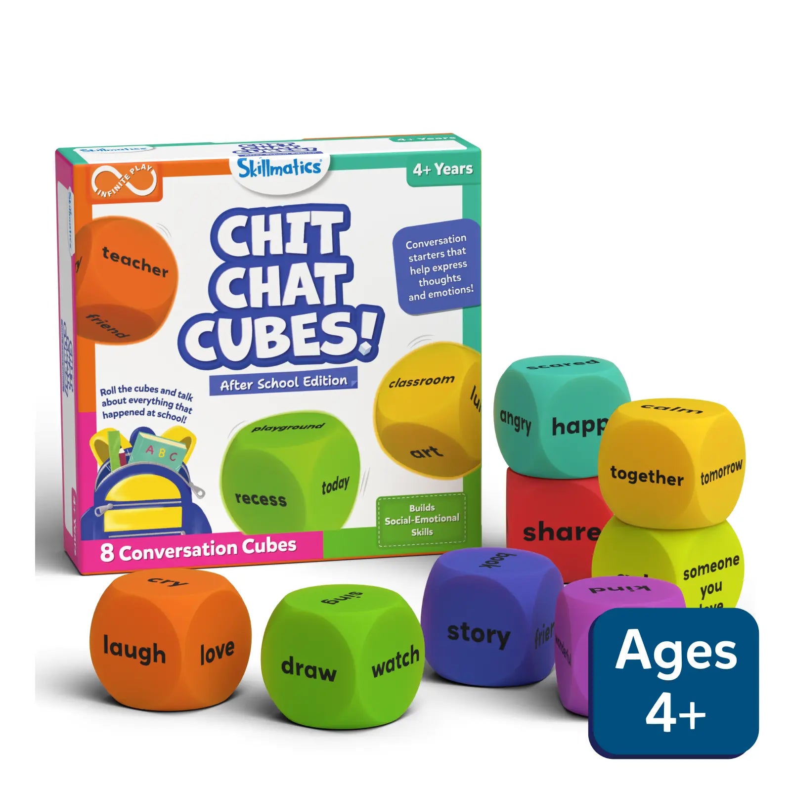 Skillmatics Chit Chat Cubes educational game packaging with colorful cubes on a white background