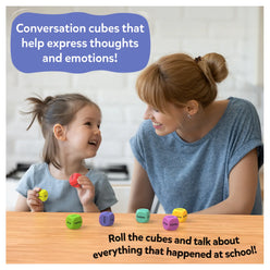 Woman and child playing with colorful cubes on a table, with text about expressing thoughts and emotions.