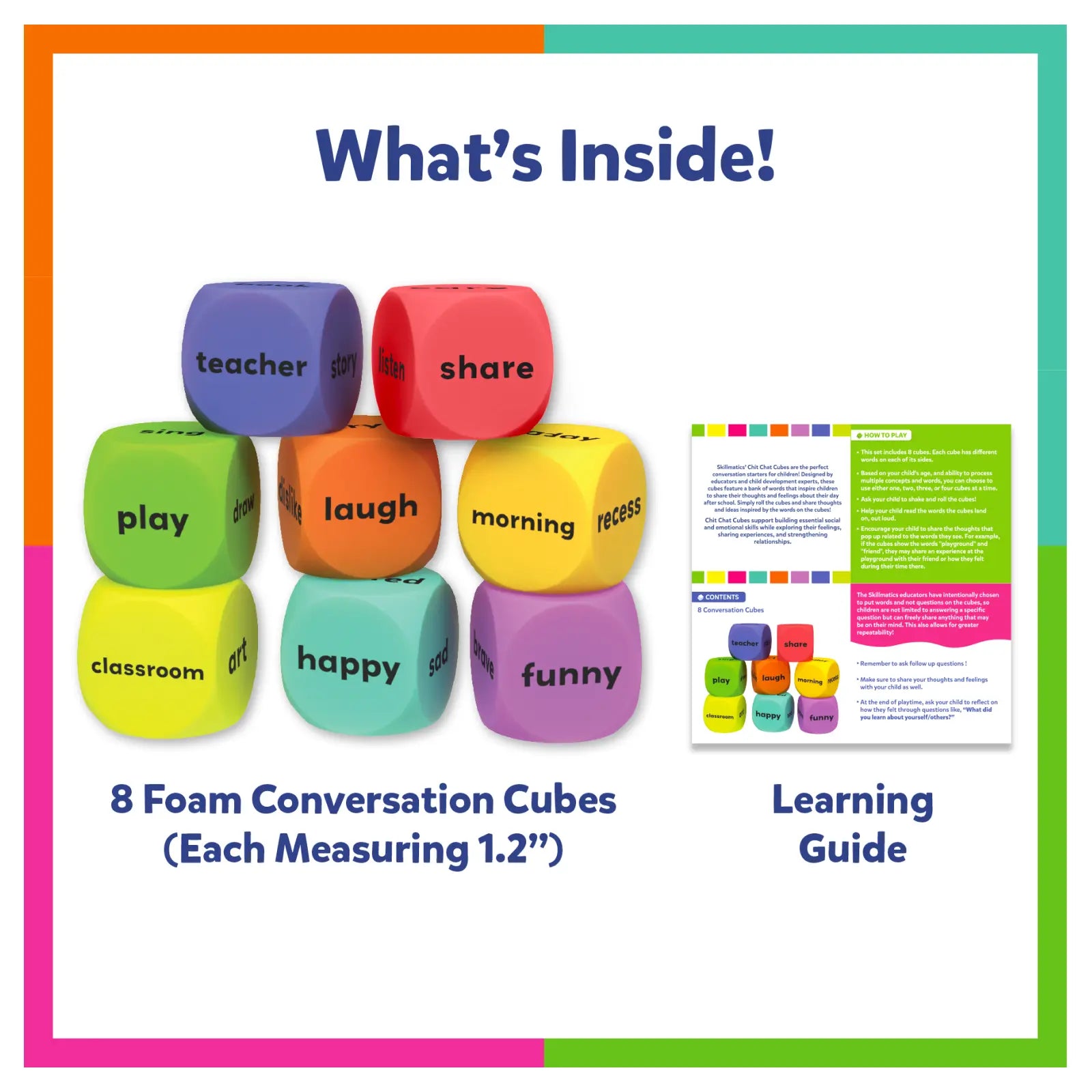 Colorful foam conversation cubes with words and a learning guide on a white background