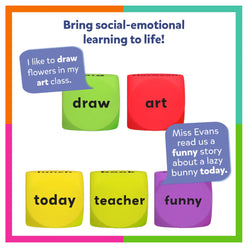 Colorful educational Cube with text and speech bubbles on a white background