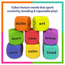 Colorful dice with words on a white background