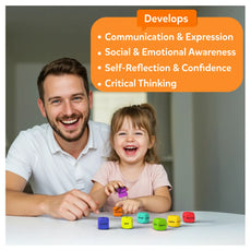 Man and child playing with colorful Cube, smiling, with text about developmental benefits.