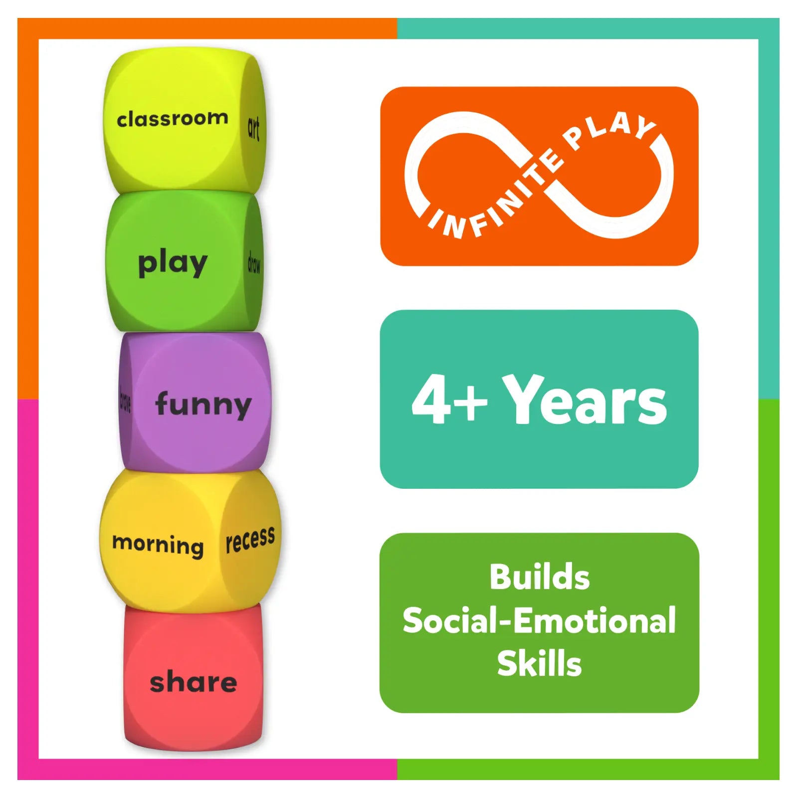 Colorful dice with educational text and Infinite Play logo, indicating age range and skill-building benefits.