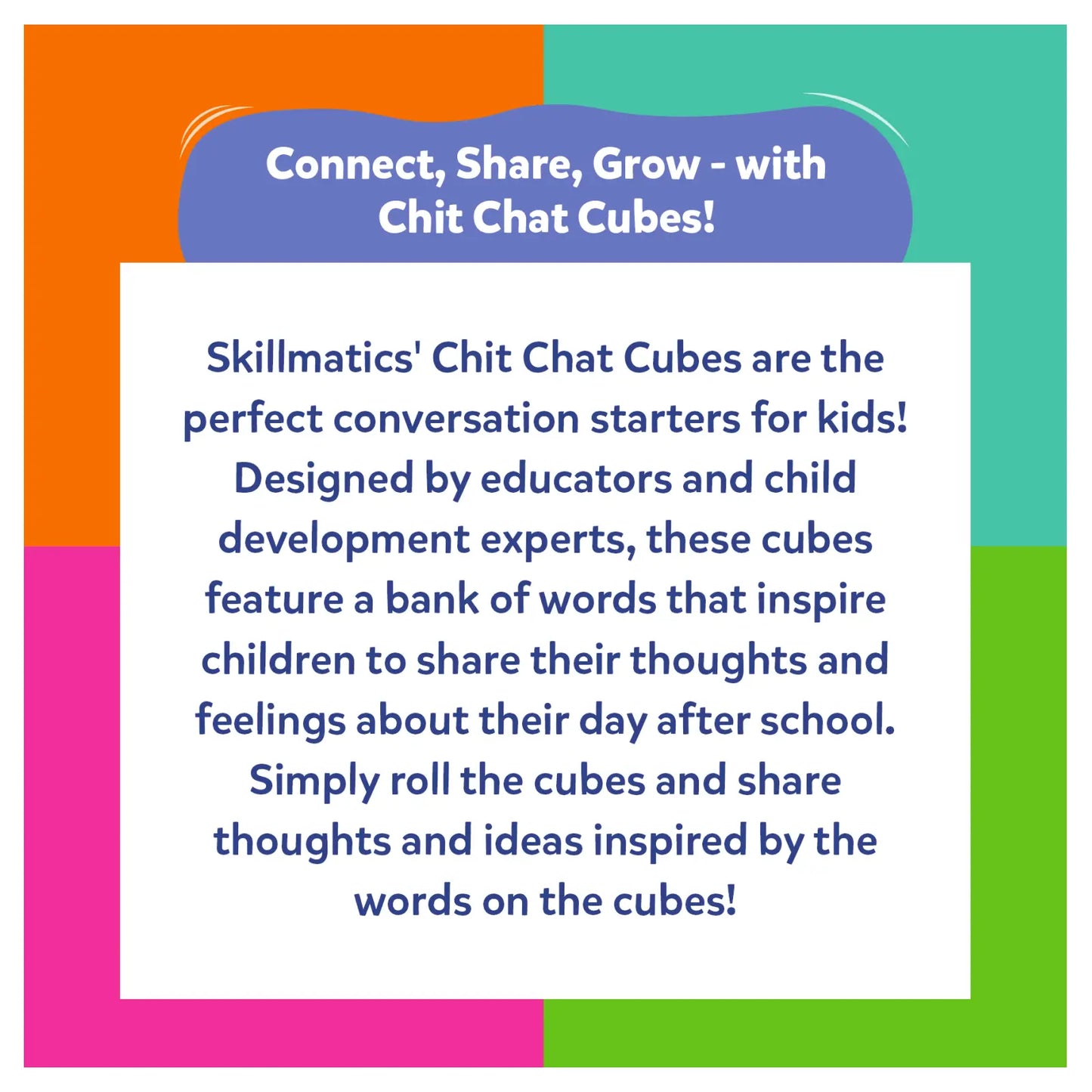 Promotional text for Skillmatics Chit Chat Cubes with colorful border