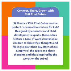 Promotional text for Skillmatics Chit Chat Cubes with colorful border