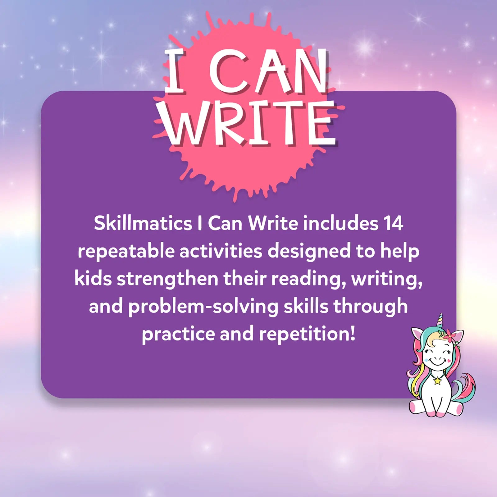 Purple writing workbook from I Can Write Unicorn Edition reusable activity mats for ages 3-6
