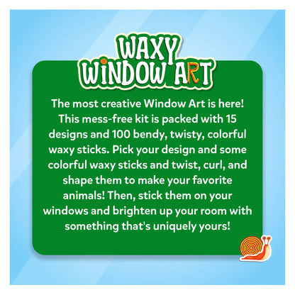 Waxy Window Art advertisement showcasing colorful animal designs for kids DIY craft kit