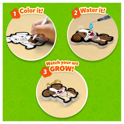Color-and-grow dog keychain instructions for Aqua Puffs Animal Friends 3D Art Kit