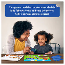 Woman and child engaging with educational materials at a table, with text about caregivers reading stories and children using stickers.