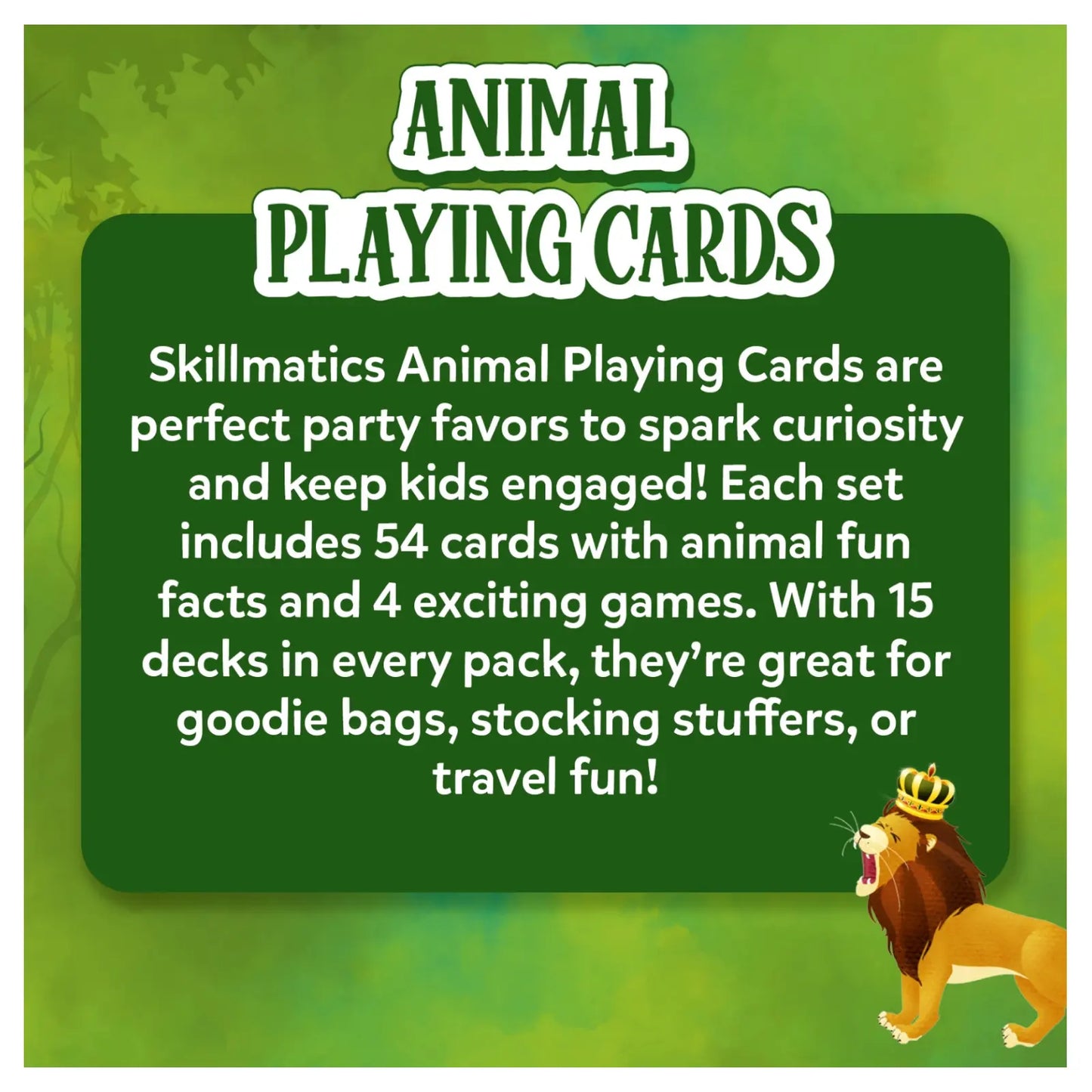 Advertisement for Skillmatics Animal Playing Cards with a lion illustration on a green background
