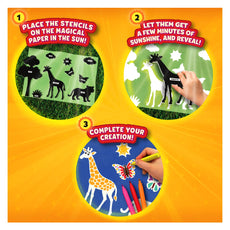Sun-activated stencil art instructions on Magical Sun Art Animals Sun Paper Art Kit