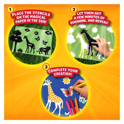 Sun-activated stencil art instructions on Magical Sun Art Animals Sun Paper Art Kit