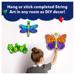 Colorful string art crafts featuring bugs and butterflies for kids ages 6-12