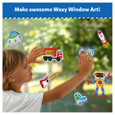 Child creating colorful waxy window art with cars and dinos from DIY craft kit