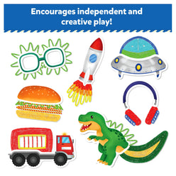 Colorful children’s toy stickers featuring cars dinos and more for DIY art projects